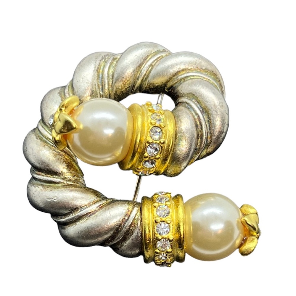 Jesara vintage signed two tone silver gold tone faux pearl rhinestone brooch pin